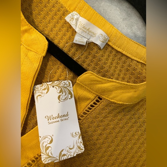NWT Suzanne Betro Size S Mustard Waffle Knit Knotch Neck Empire Waist Tunic - Picture 9 of 12